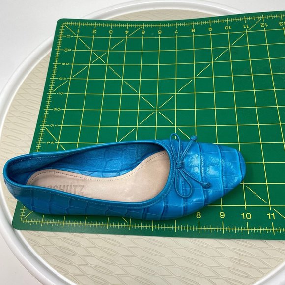 Schutz Teal Ballet Flats Size 7 Turquoise Blue Leather Shoes Bow Square Toe - Picture 10 of 10